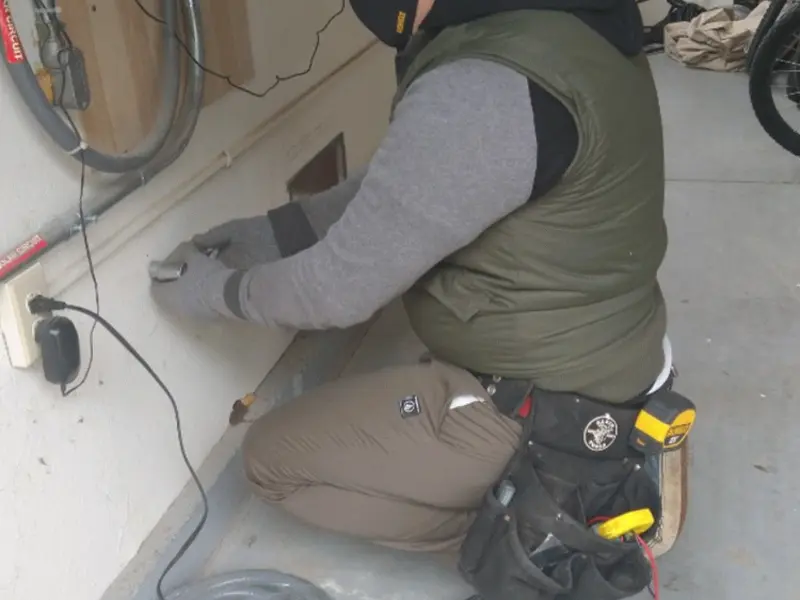 Electrician performing outlet wiring in a Orchard Park garage